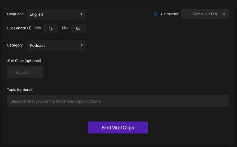 Viral Spectre Gemini AI integration and clip analysis settings