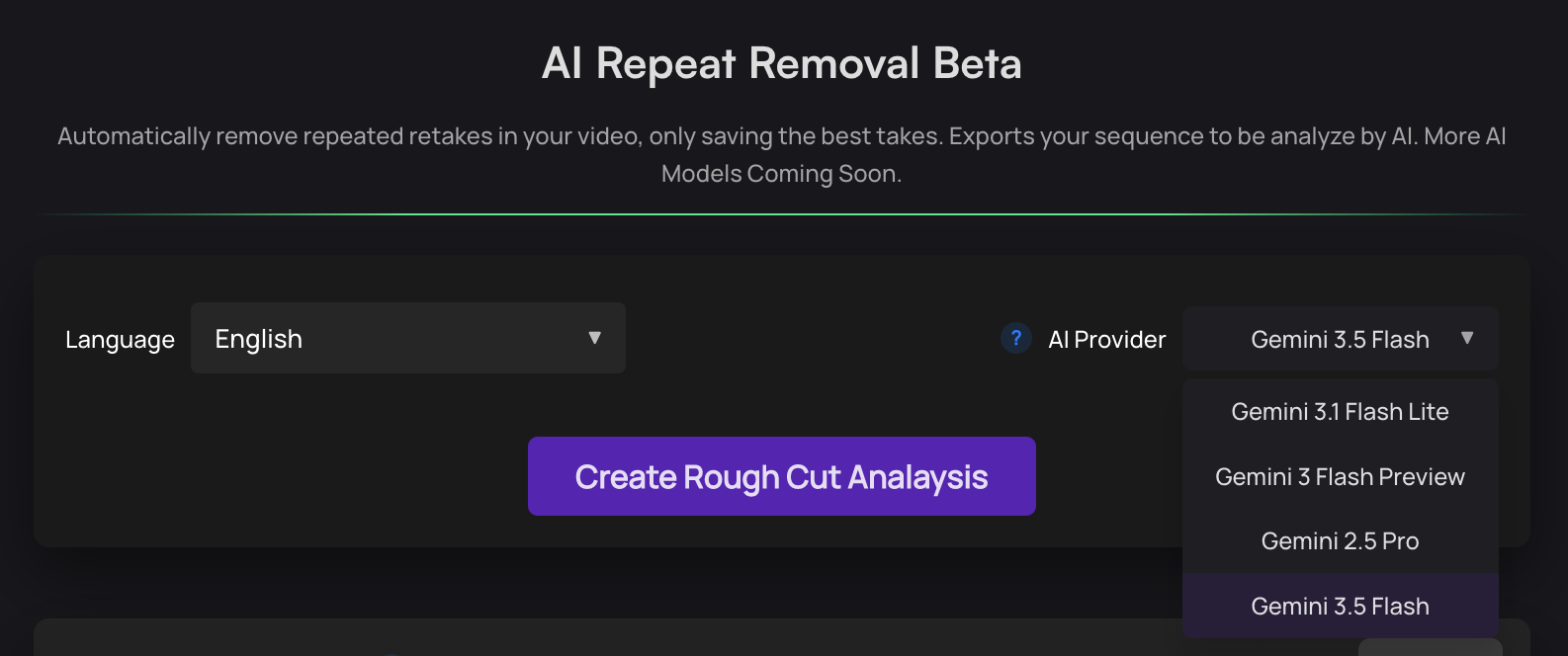 AI Repeat Removal interface panel docked in Premiere Pro showing the new language dropdown menu with support for 49+ languages