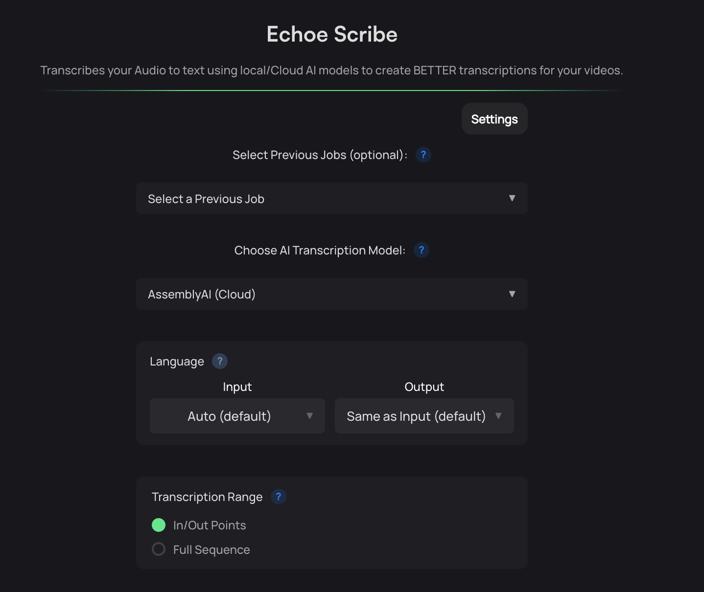 Echoe Scribe transcription panel showing correct spacing after punctuation on the generated captions