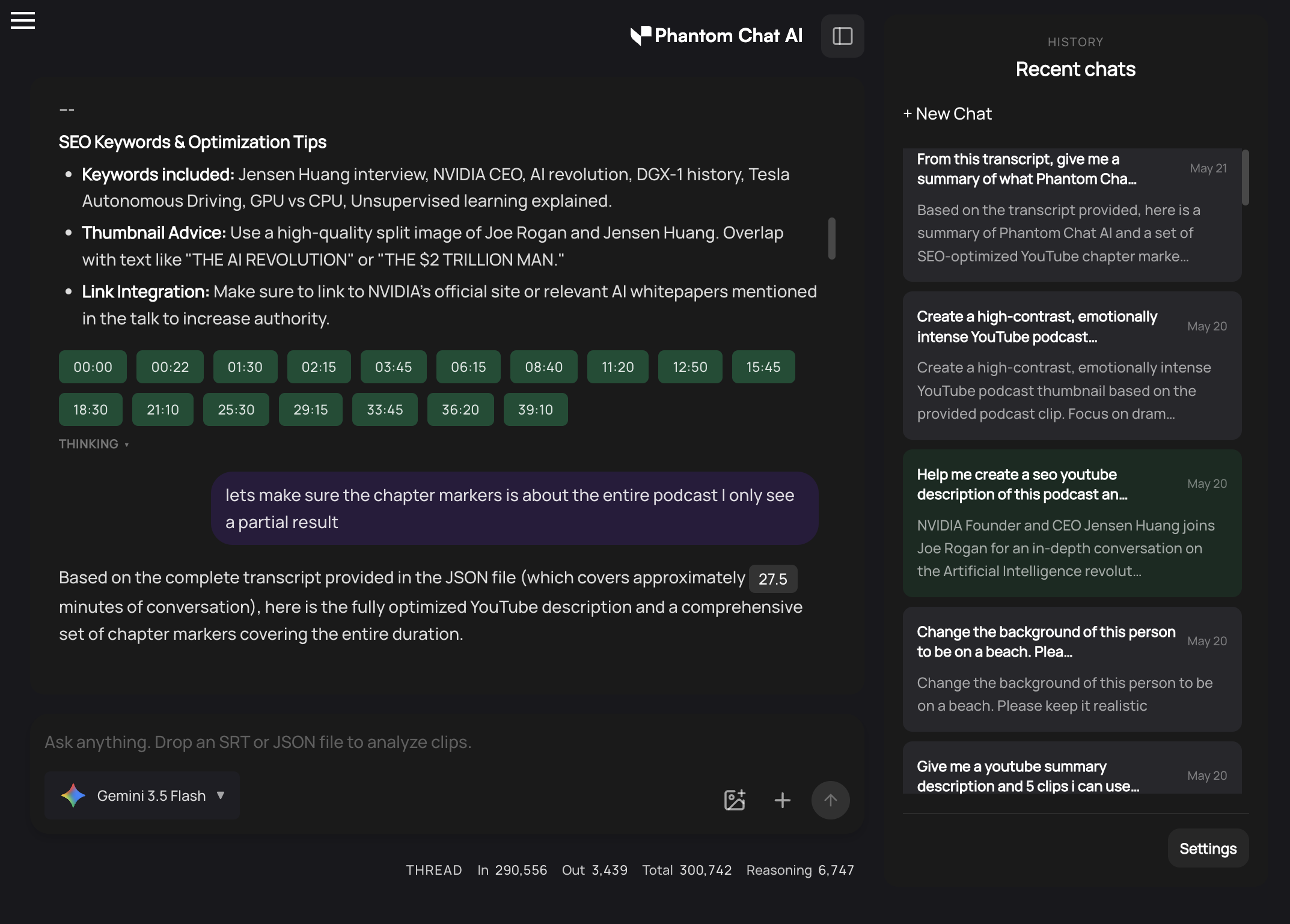 Phantom Chat AI beta interface panel docked inside Adobe Premiere Pro showing timeline search queries and interactive clickable results