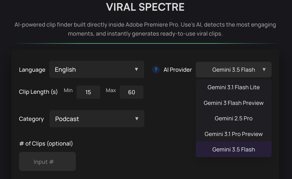 Viral Spectre interface panel showing the newly added Gemini 3.5 Flash and Gemini 3.1 Pro model options in the dropdown menu