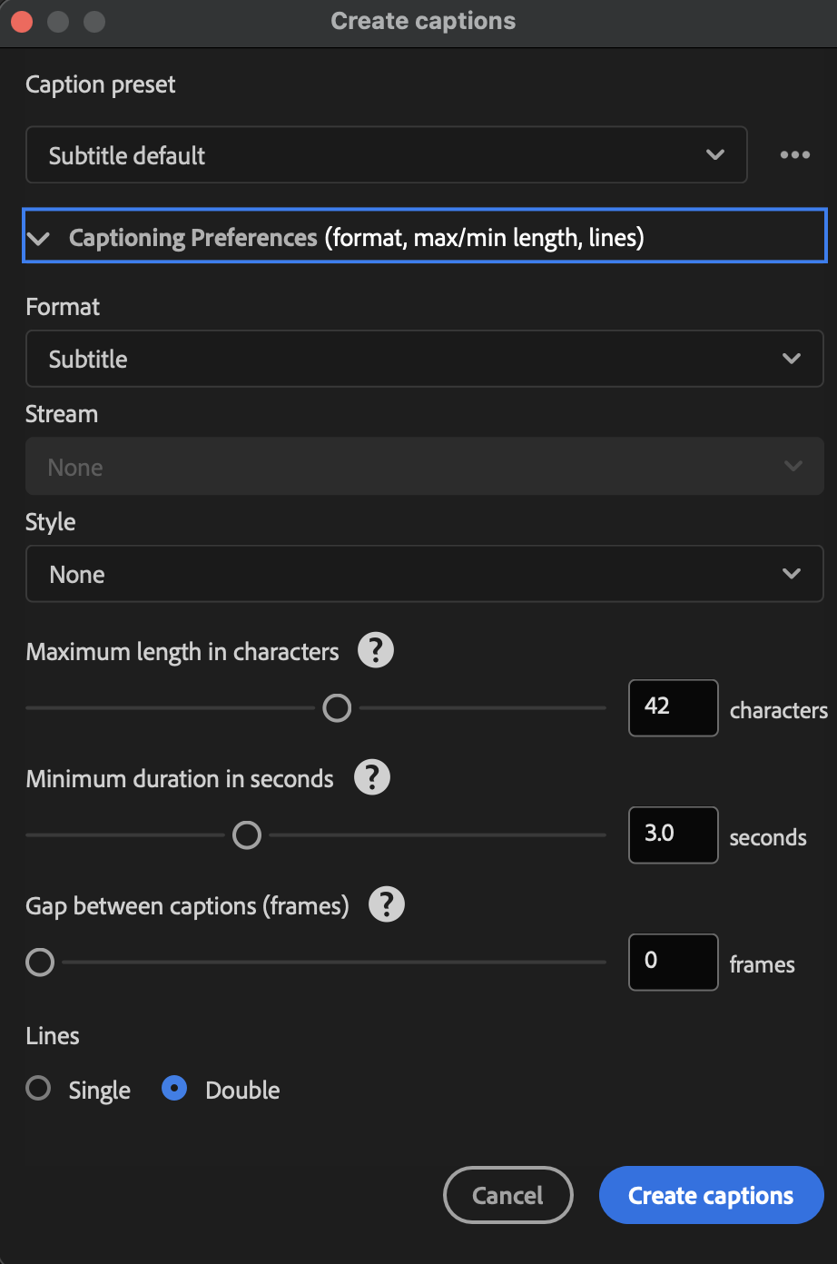Caption settings in Premiere Pro