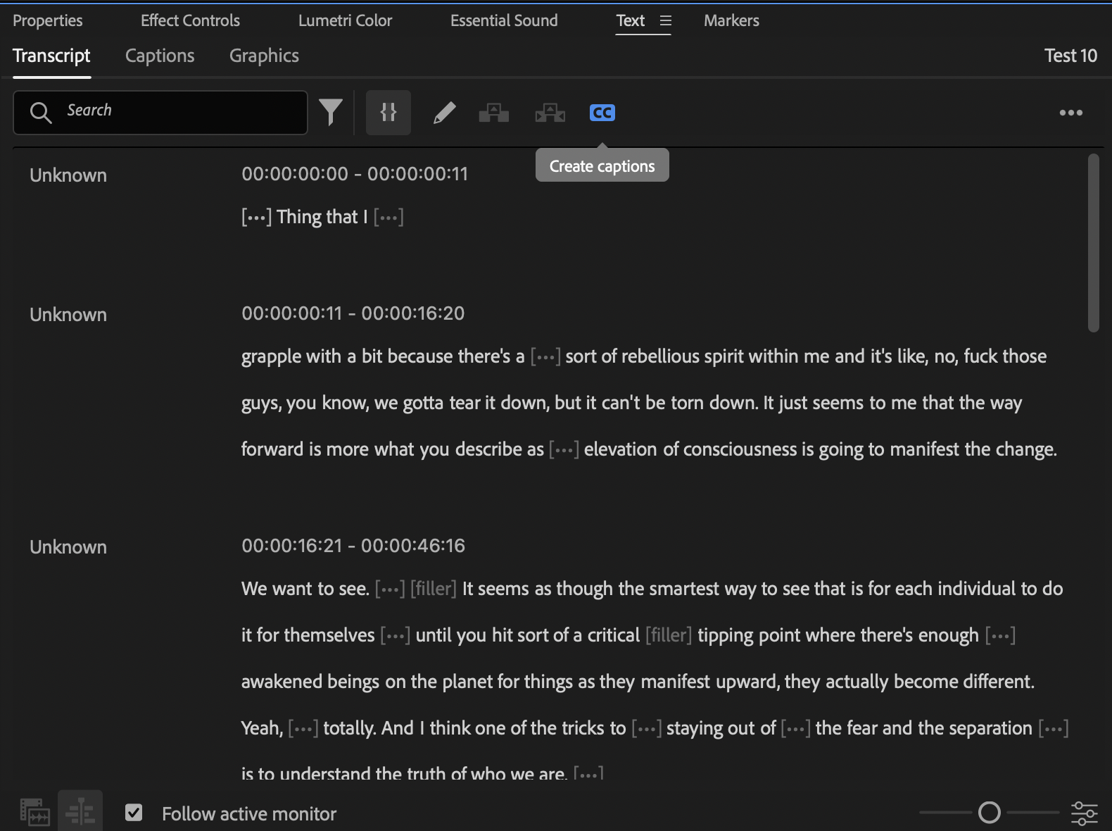 Creating captions in Adobe Premiere Pro Text Editor panel